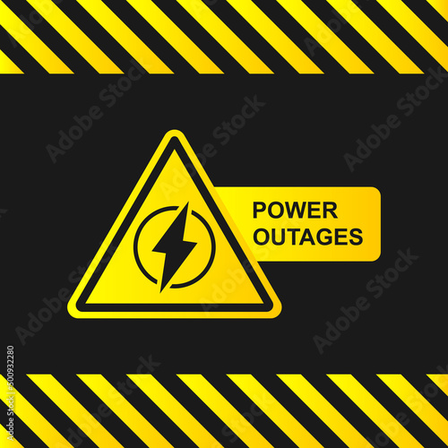 Power outage icon on a black background with stripes of attention. Yellow-black banner. Vector illustration EPS 10