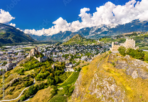 Aerial panorama of the Valere Basilica and Tourbillon Castle in Sion - the canton of Valais, Switzerland