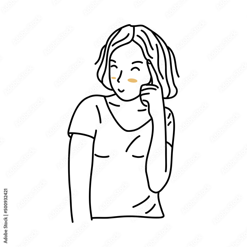 Cheerful young girl with a bob smiles and holds finger to her temple with intention of thinking. Black and white vector isolated illustration hand drawn. Turn on your brain Cheerful young girl with a bob smiles and holds finger to her temple with intention of thinking. Black and white vector isolated illustration hand drawn. Turn on your brain