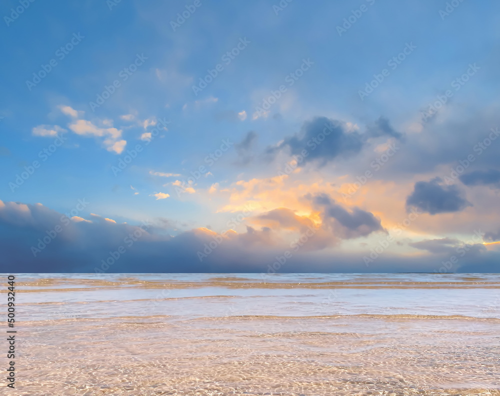 blue sea and cloudy pink sky panorama ,water wave on white sand at the tropical beach summer holiday blue sea and cloudy pink sky panorama ,water wave on white sand at the tropical beach summer holiday