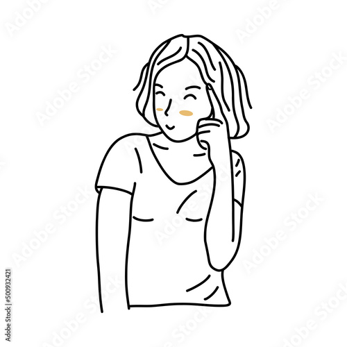 Cheerful young girl with a bob smiles and holds finger to her temple with intention of thinking. Black and white vector isolated illustration hand drawn. Turn on your brain