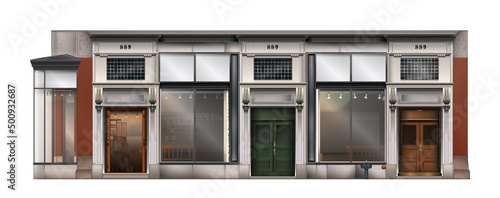 Detailed facade of a long building. Commercial space. Illustration of a building with a shop in a realistic way.