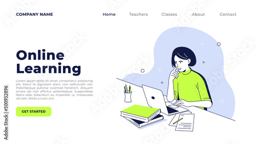 Template site for online learning. A woman sits with her laptop and books.