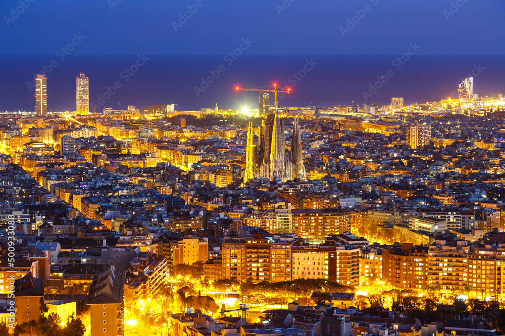 Barcelona skyline city town overview with Sagrada Familia church cathedral in Spain