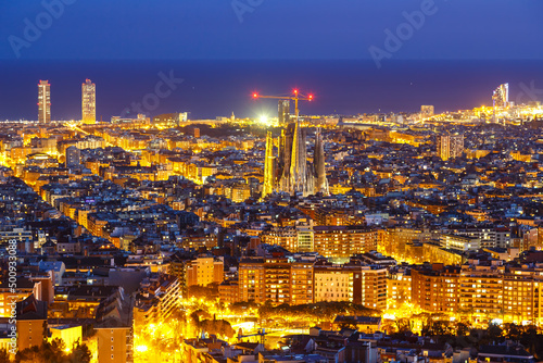 Barcelona skyline city town overview with Sagrada Familia church cathedral in Spain