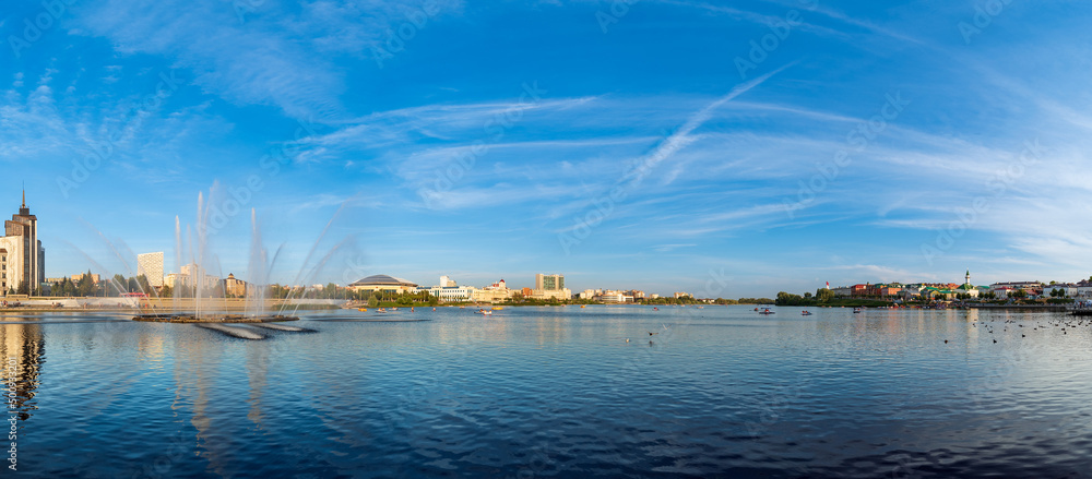 Panorama of Kaban Lake in the historical center of Kazan, the Capital of the Tatarstan Republic in the Russian Federation on a warm sunny summer day