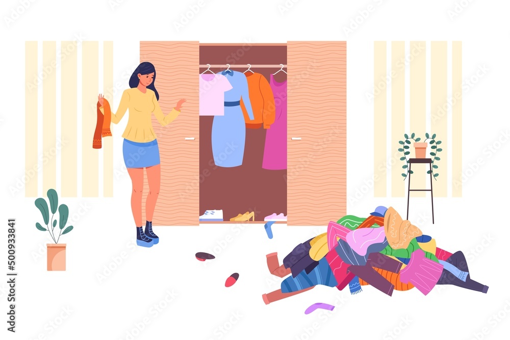 Girl organize closet. Organization cluttered home wardrobe, woman ...