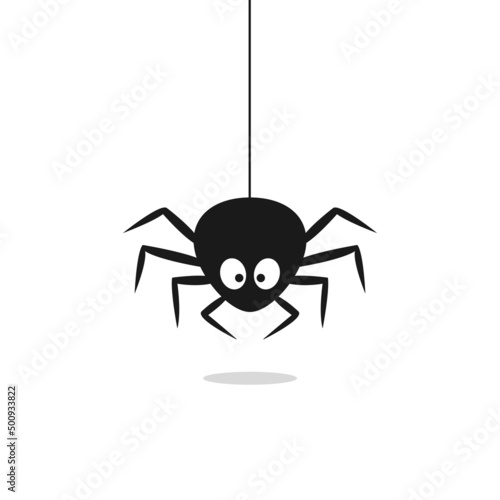 Cute black spider hangs on a spider web isolated on white background. Vector illustration EPS 10