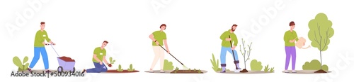 Volunteers planting tree. Volunteering group grow plant forest, volunteer care afforest saplings trees ecology reforestation collaboration work garden