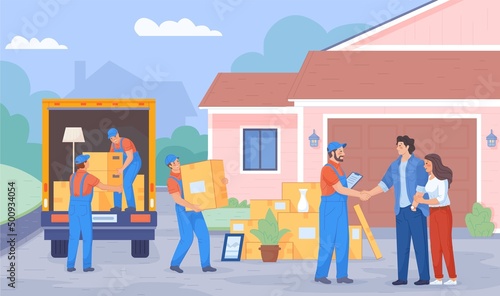 Moving house service. Delivery loader unload furniture and box cargo truck, unloading van on new home address, supplies logistic transportation