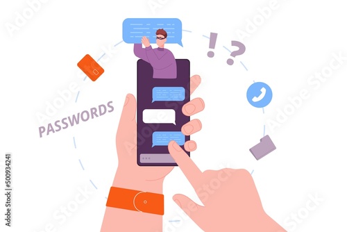 Online chat scam. Cheater swindle people on phone chatting, deceitful love or fake dating online transfer scammer money hacking screen, vector illustration