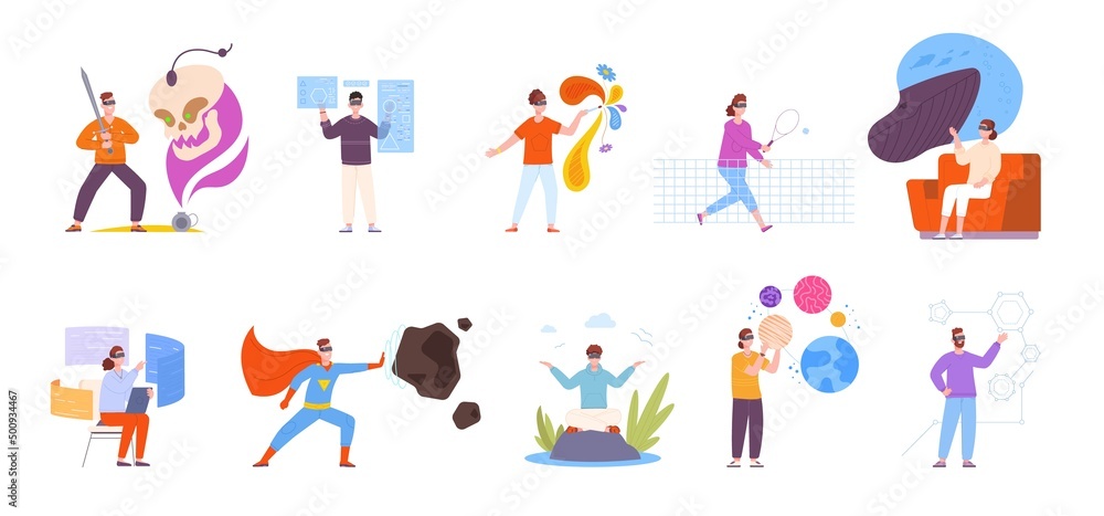 VR entertainment of teenagers. Entertainers in glasses augmented reality, fun future tech virtual tennis, digital meditation education game simulation, splendid vector illustration VR entertainment of teenagers. Entertainers in glasses augmented reality, fun future tech virtual tennis, digital meditation education game simulation, splendid vector illustration