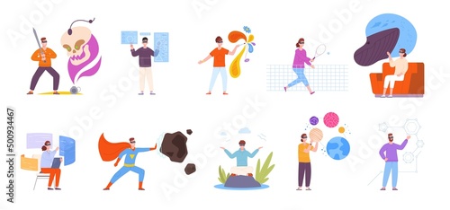 VR entertainment of teenagers. Entertainers in glasses augmented reality, fun future tech virtual tennis, digital meditation education game simulation, splendid vector illustration