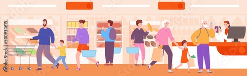 Family buying in supermarket. Consumers at counter showcase product shelves inside grocery shop, retailer checkout food cart shopper kids buy vegetable splendid vector illustration