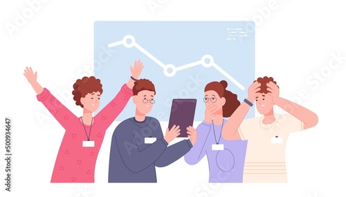 Anxiety team. Confusion people, scared worker think about fail business doubts work mistake, question communication worry group employee business error splendid vector illustration