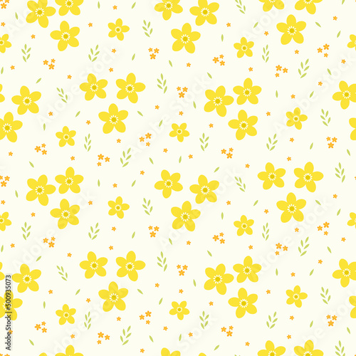 Seamless pattern of abstract yellow buttercup flowers, leaves and small orange flowers on a cream background. 