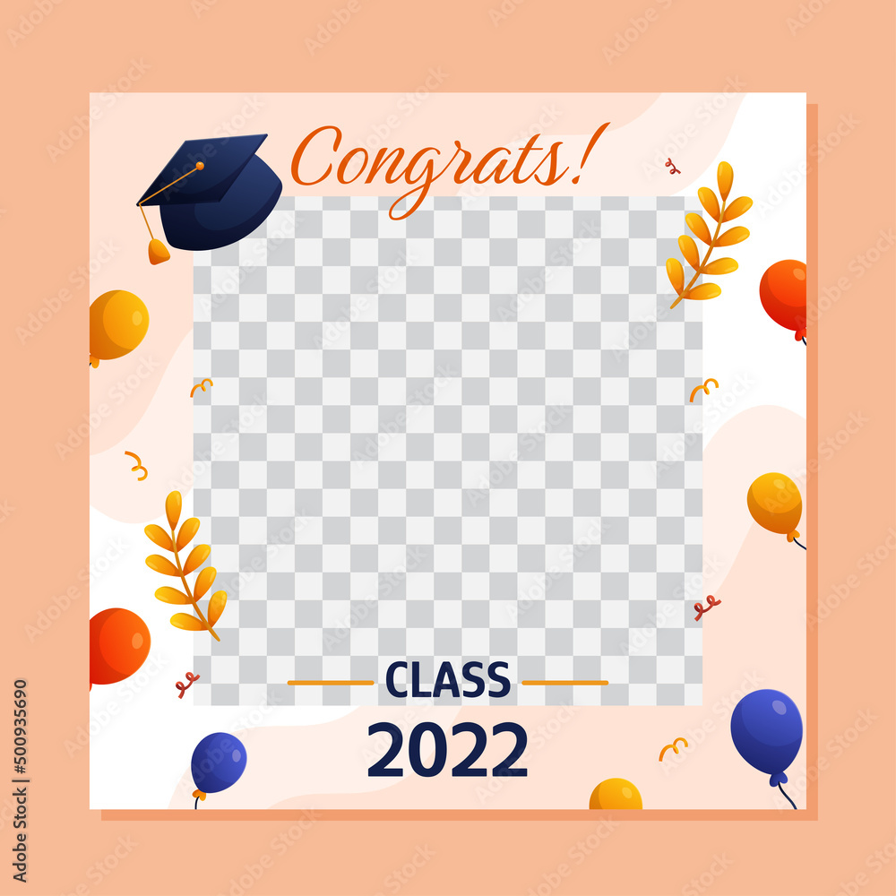 Graduation square social media template with empty space for student photo. Vector layout greeting design with cap, golden branches and balloons
