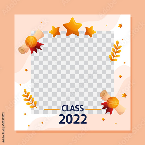 Graduation square social media template with empty space for student photo. Vector layout greeting design with golden stars, scrips with medal and branches.