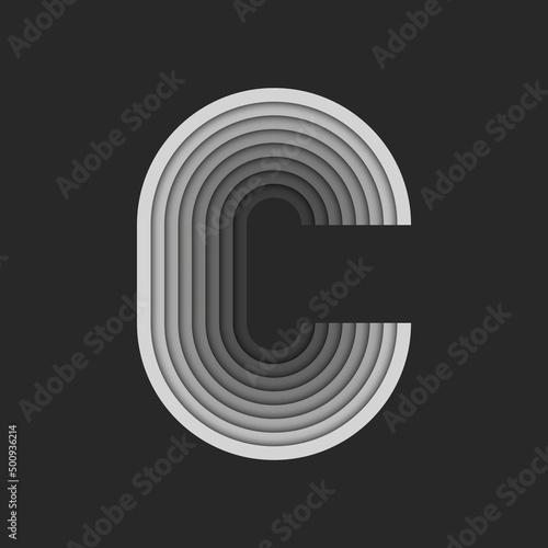 Bold letter C logo initial, gray parallel ribbon pattern, 3d paper cut design emblem, identity typography monogram logotype.