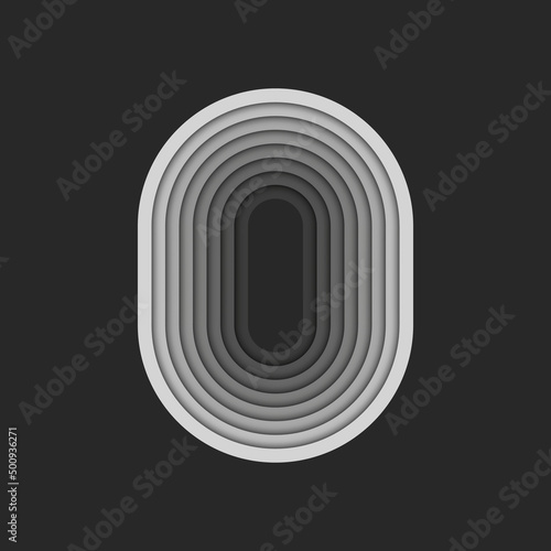 Letter O logo or oval shape logotype, gray parallel stripes cascade pattern, 3d paper cut material design, zero 0 number identity typography