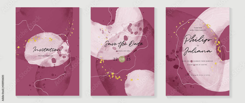 Abstract watercolor texture wedding invitation card template. Pink watercolor card background with line art and gold glitters. Luxury vector design suitable for banner, cover, invitation, prints.