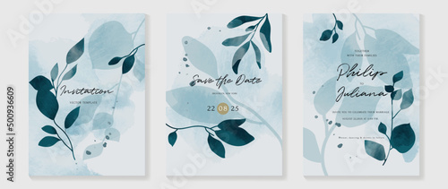 Abstract botanical wedding invitation card template. Blue watercolor card background with leaves, leaf branches, botanical. Herbal natural vector design suitable for banner, cover, invitation, prints.