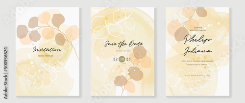 Abstract botanical wedding invitation card template. Yellow watercolor card background with leaves, leaf branches, eucalyptus. Herbal vector design suitable for banner, cover, invitation, prints. © TWINS DESIGN STUDIO