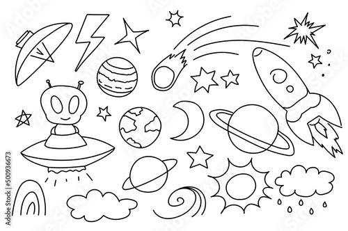 Vector illustration of cute doodles on the theme of space. A hand-drawn set of cute doodles for decoration on a white background. Funny hand-drawn doodles, a coloring page.