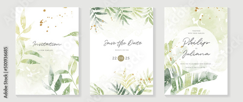 Luxury botanical wedding invitation card template. Green watercolor card background with gold glitters, leaf branches, tropical plants Elegant vector design suitable for banner, cover, invitation.