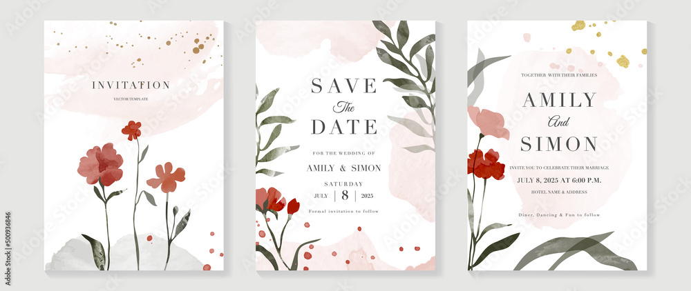 Luxury botanical wedding invitation card template. Blossom card background with leaf branch, red flowers, gold glitters, foliage. Elegant watercolor design suitable for banner, cover, invitation.
