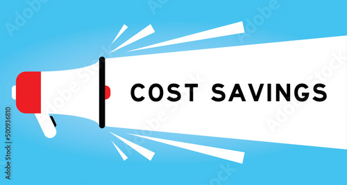 Color megaphone icon with word cost savings in white banner on blue background