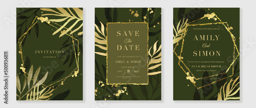 Luxury botanical wedding invitation card template. Green watercolor card with leaf branches, gold glitters, foliage, eucalyptus. Elegant garden vector design suitable for banner, cover, invitation.