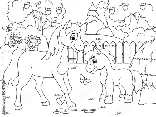 Agricultural yard. Horse and foal. Children coloring book.