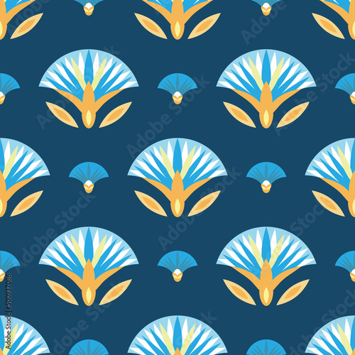 Seamless pattern vector illustration of the Egyptian ancient ornament with a lotus flower, leaves, papyrus, palm tree. Egyptian culture element For wallpaper, wrapping, paper, fabric, background