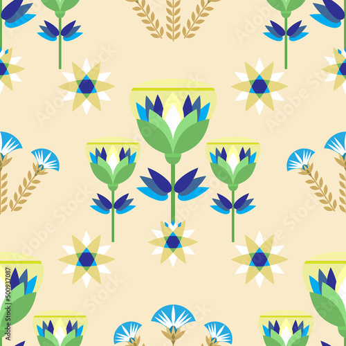 Seamless pattern vector illustration of the Egyptian ancient ornament with a lotus flower, leaves, papyrus, palm tree. Egyptian culture element For wallpaper, wrapping, paper, fabric, background