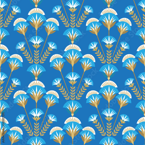 Seamless pattern vector illustration of the Egyptian ancient ornament with a lotus flower, leaves, papyrus, palm tree. Egyptian culture element For wallpaper, wrapping, paper, fabric, background