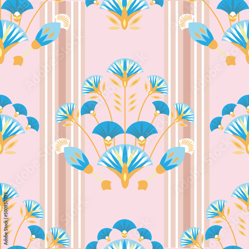 Seamless pattern vector illustration of the Egyptian ancient ornament with a lotus flower, leaves, papyrus, palm tree. Egyptian culture element For wallpaper, wrapping, paper, fabric, background