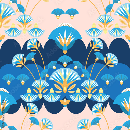 Seamless pattern vector illustration of the Egyptian ancient ornament with a lotus flower, leaves, papyrus, palm tree. Egyptian culture element For wallpaper, wrapping, paper, fabric, background