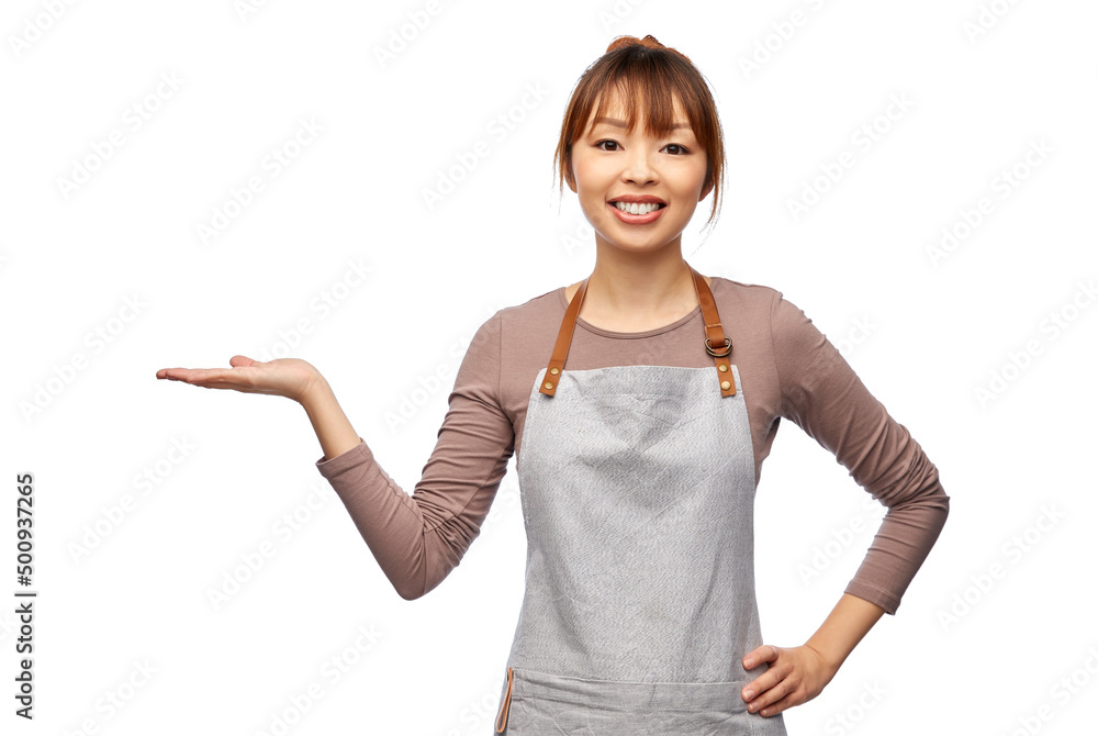 cooking, culinary and people concept - happy smiling female chef or waitress in apron holding something imaginary on her hand over white background cooking, culinary and people concept - happy smiling female chef or waitress in apron holding something imaginary on her hand over white background