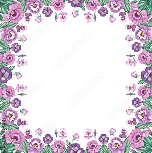 Watercolor frame of pansies on a white background