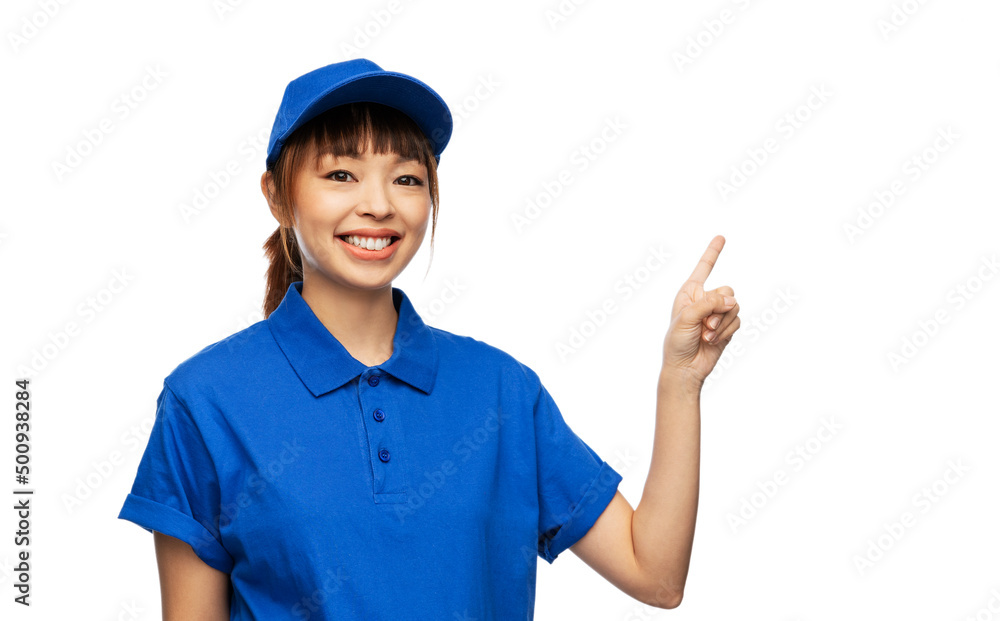 profession, job and people concept - happy smiling delivery woman in blue uniform over white background profession, job and people concept - happy smiling delivery woman in blue uniform over white background