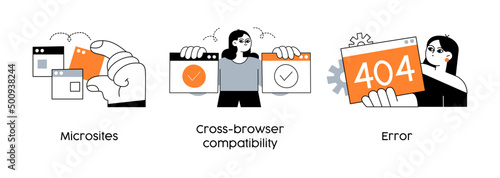 building microservices and cross browser testing - set of business concept illustrations. Microsites, Cross-browser testing, error. Visual stories collection