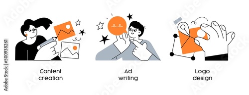 Advertising Marketing Campaign or Advertising Service - set of business concept illustrations. Content creation, Ad writing, Logo design. Visual stories collection.