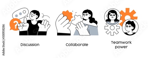 Strategies to Build Collaborative Teams - set of abstract business concept illustrations. Discussion, Collaborate, Teamwork power. Visual stories collecction.