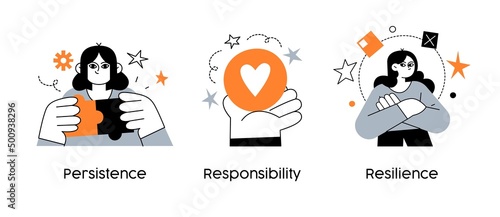 Important Leadership Skills for Business Success- set of concept illustrations. Persistence, Responsibility, Resilence. Visual stories collection