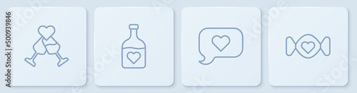 Set line Glass of champagne, Heart in speech bubble, Bottle with love potion and Candy. White square button. Vector