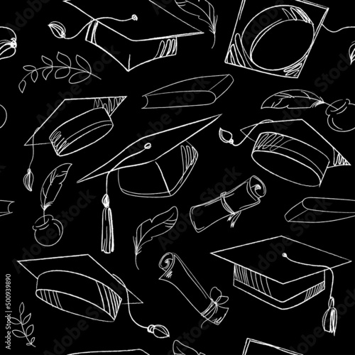 Graduation cap and diploma scroll seamless backdrop. Higher education celebration symbol pattern. Academic caps sketch on black background,seamless pattern.Outline vector illustration