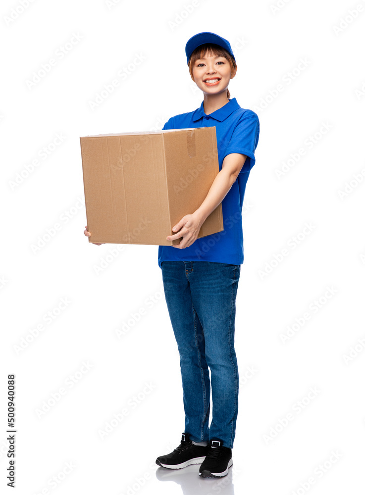 mail service and shipment concept - happy smiling delivery woman with parcel box in blue uniform over white background mail service and shipment concept - happy smiling delivery woman with parcel box in blue uniform over white background