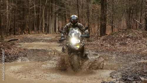 Bike Trial Off Road Mud Sport Racer Motocross Dirt Extreme Outdoor Stunt Deep Dives into Muddy Water with Motorbike Professional Equipment Wood Forest