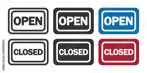 Open, closed banner icon. Hanging nameplate symbol. Signboard vector.